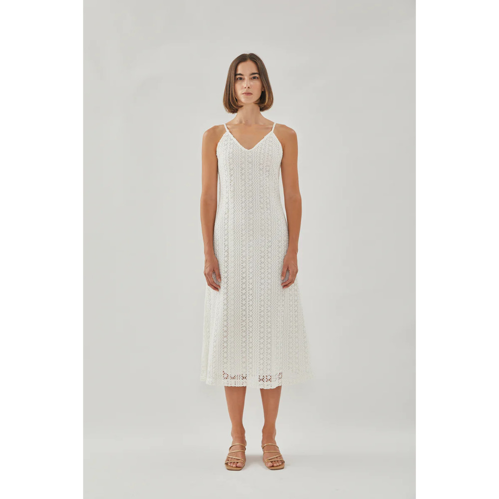 V Neck Crochet Slip Dress Sleeveless Midi Length Mermaid Hem White S